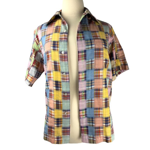 VTG Patchwork Short Sleeve Button Down Shirt, Men's Size Large - Picture 1 of 10